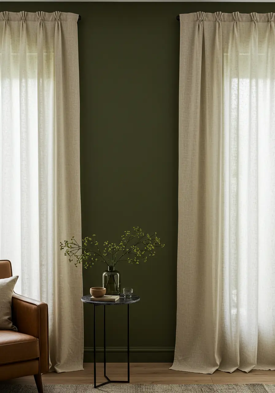 Beige or Linen Curtains with Olive Green Walls