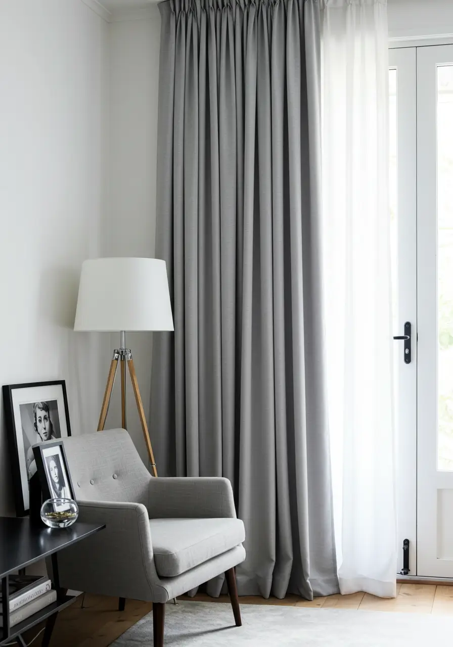 Dove Grey Curtains with White Walls and Black Accents