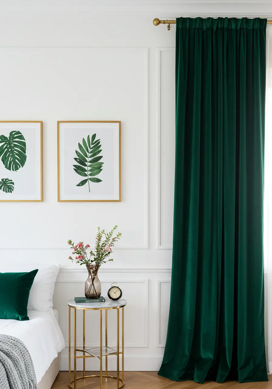 Emerald Green Curtains with White Walls and Gold Accents