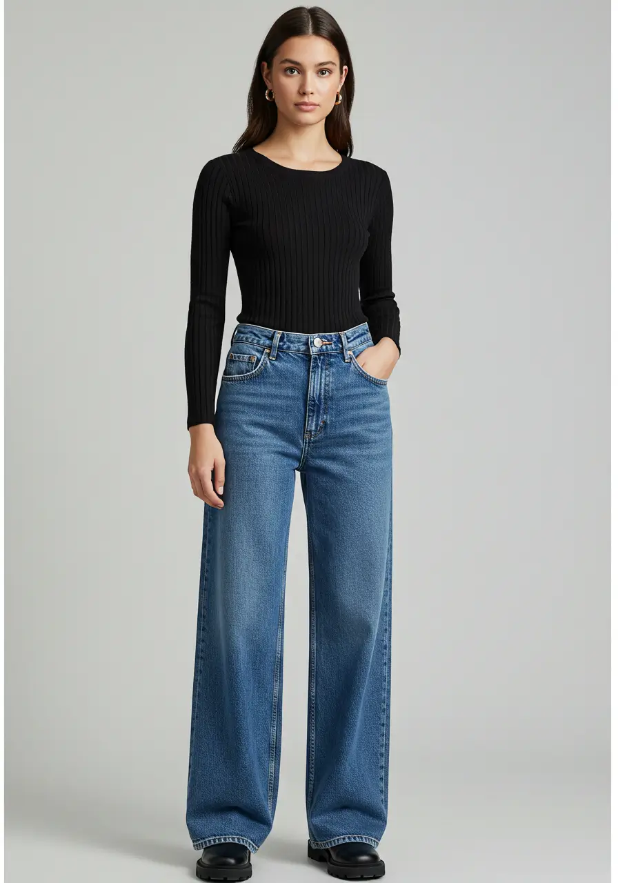 Fitted Rib-Knit Tops- wide leg jeans1