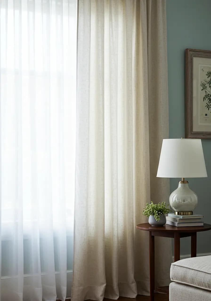 Layered Sheer White Curtains with Heavier Natural Linen Drapes