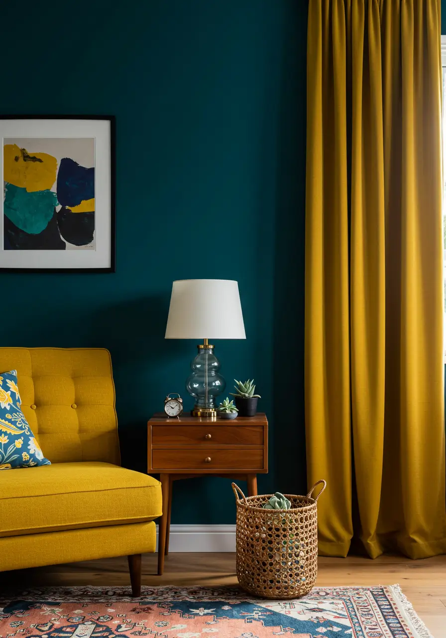 Mustard Yellow Curtains with Teal or Deep Blue Walls