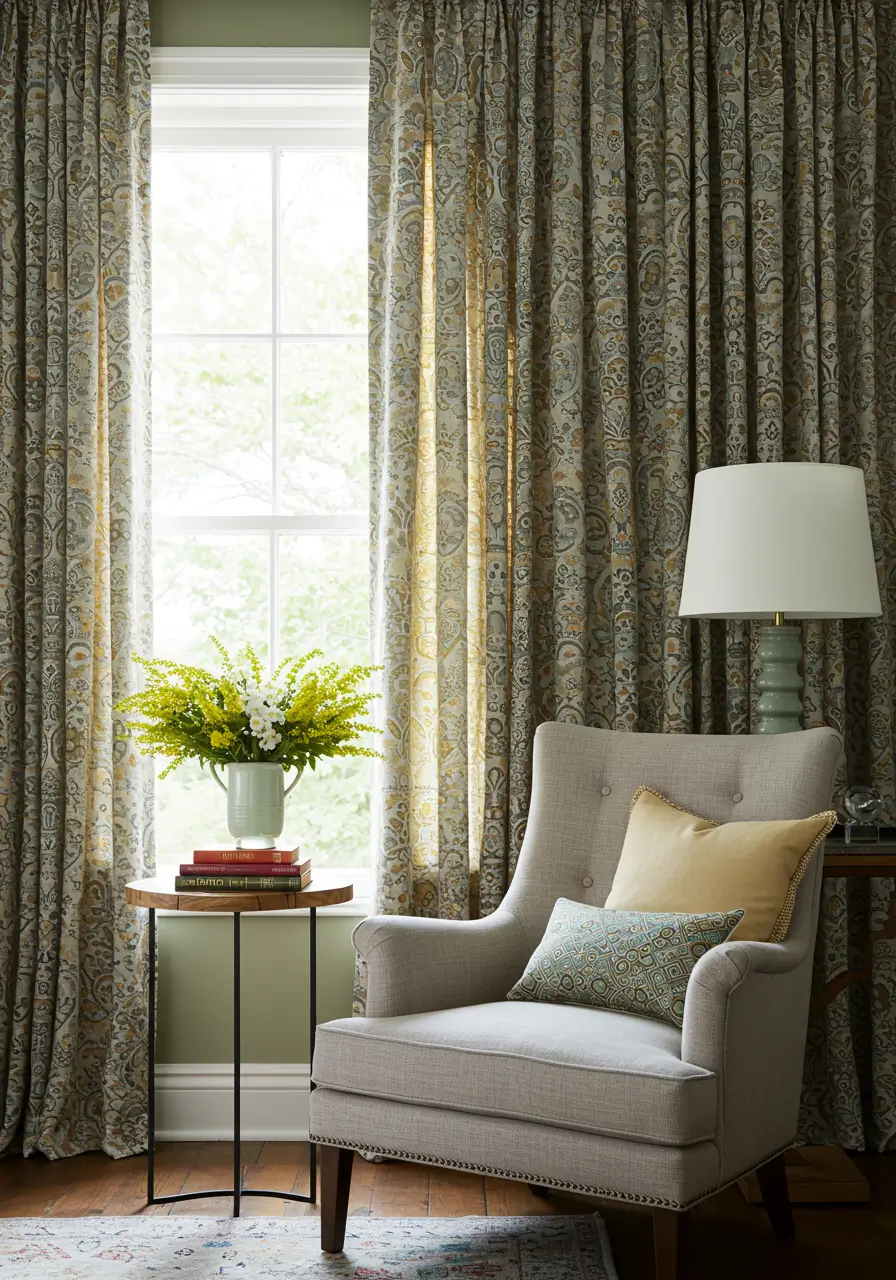 Patterned Curtains with a Solid Wall Color Picked From the Pattern