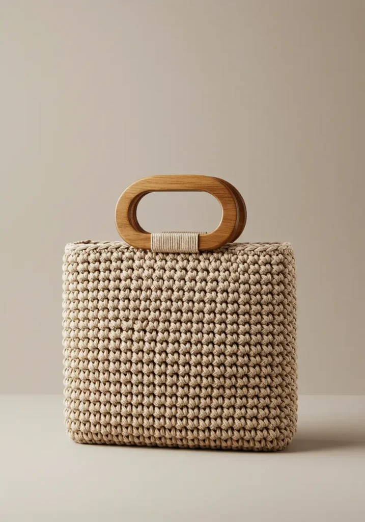 crochet handbag- The Structured Box Bag with Wooden Handles