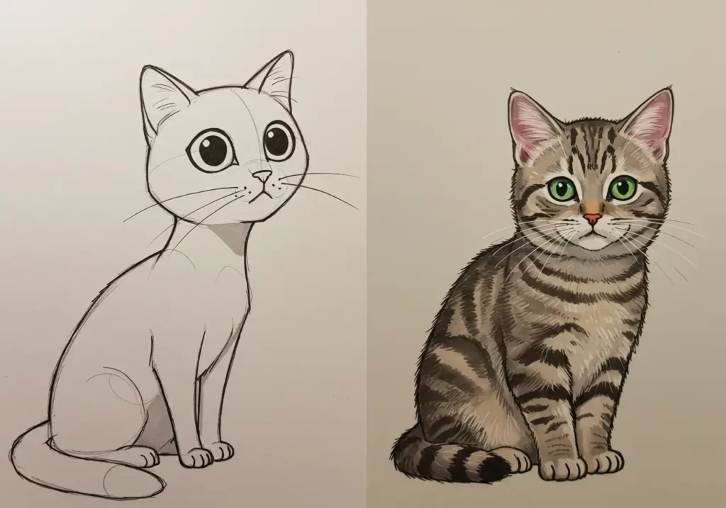 Cartoon vs. Realistic Cat Drawing