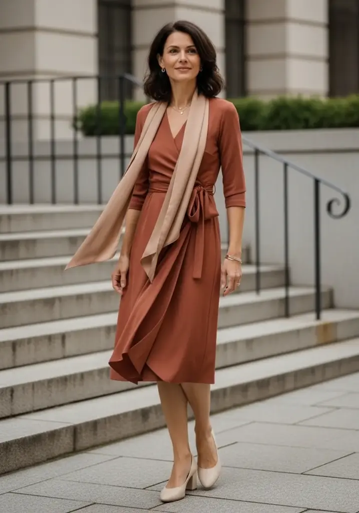 Business-Casual Dresses and Satin Scarves