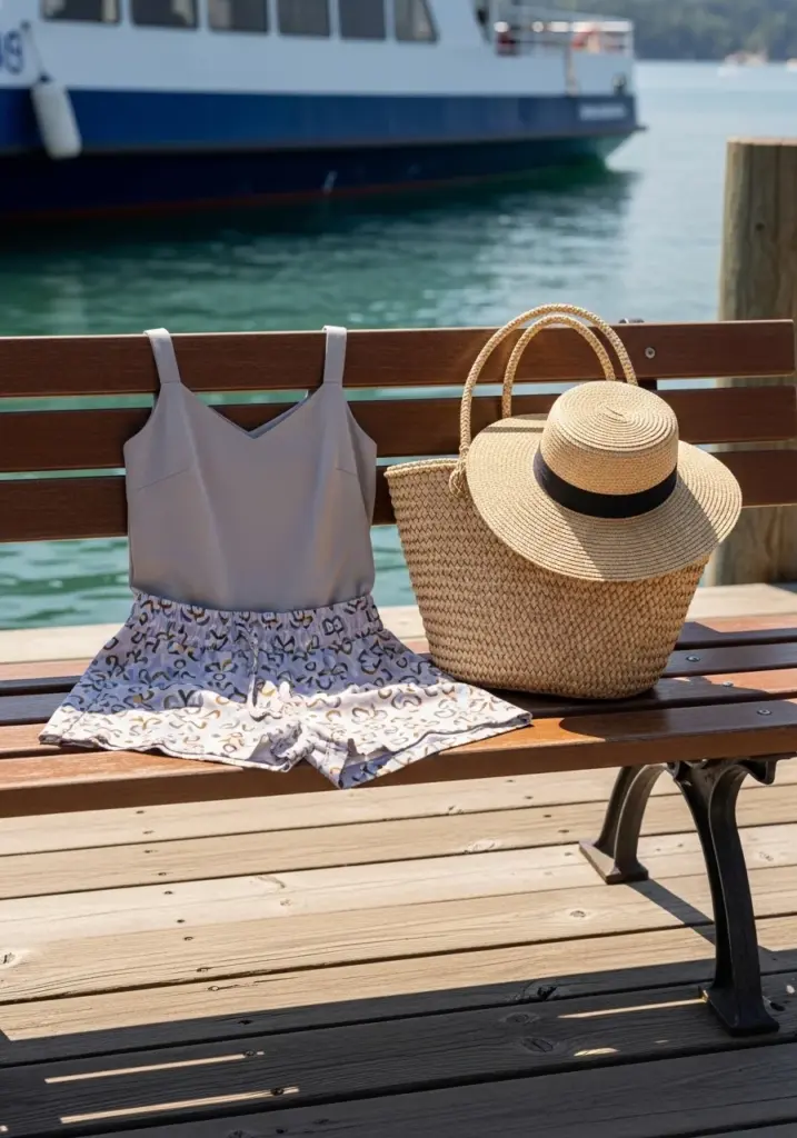 Coordinated Short Set with a Woven Tote