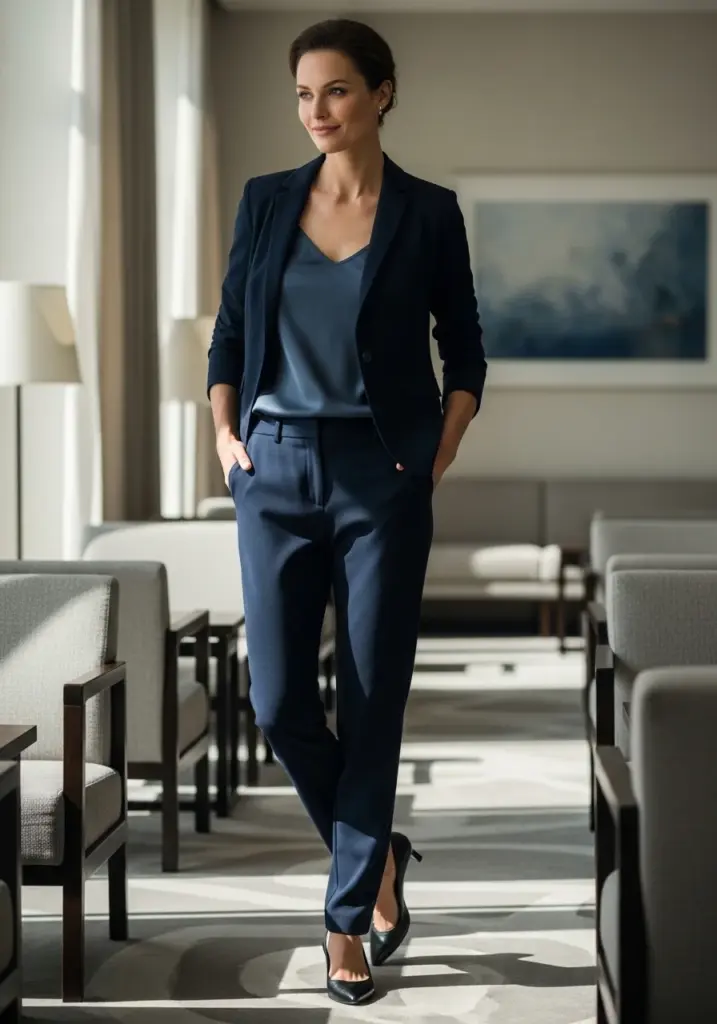Navy Blazer, Silk Camisole, and Crepe Pants