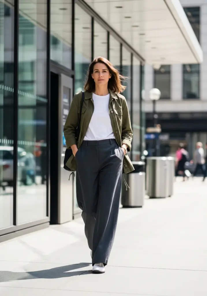 Relaxed Tee, Utility Jacket, and Wide-Leg Trousers