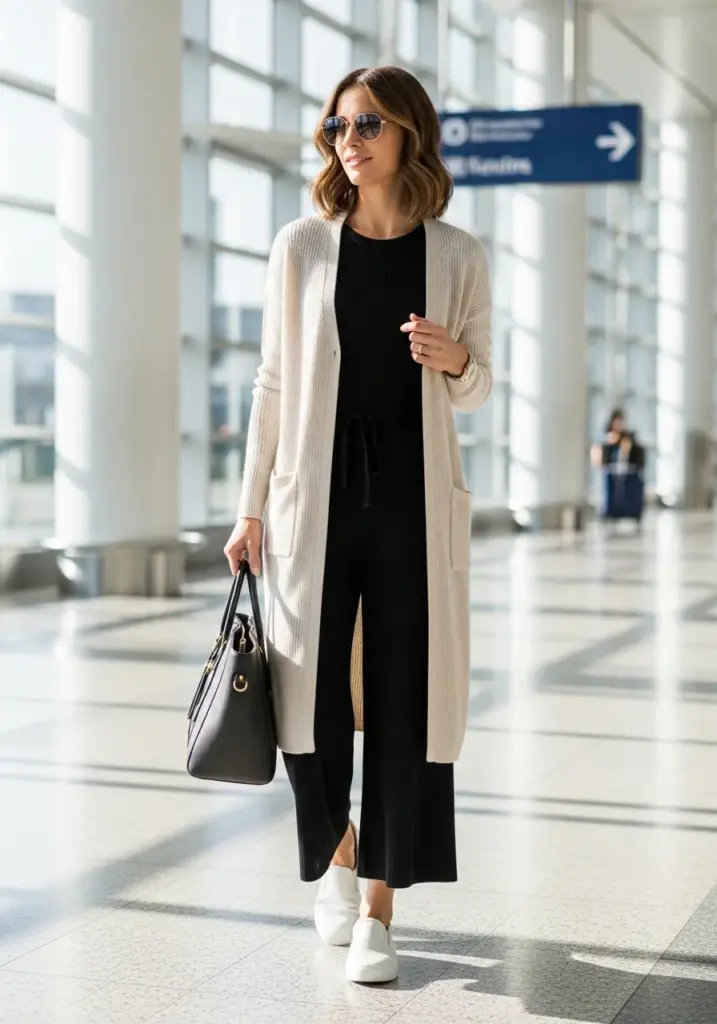 Ribbed Jumpsuit, Long Cardigan, and Slip-On Sneakers