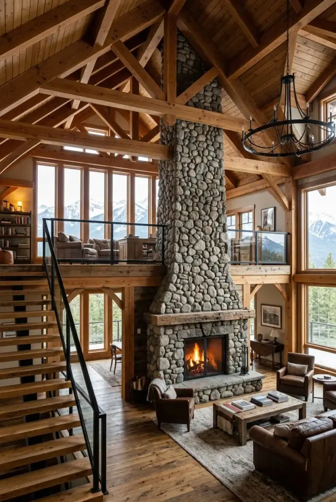 Two-story river rock fireplace and timber mezzanine loft in an American chalet great room