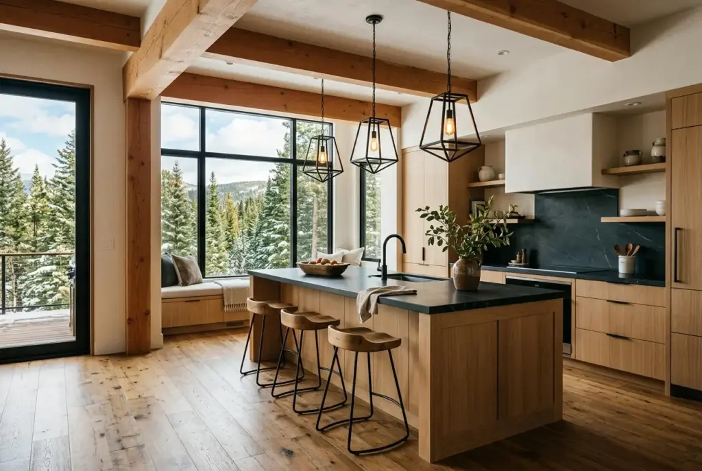 Modern open-concept chalet kitchen featuring natural white oak cabinetry and exposed ceiling beams