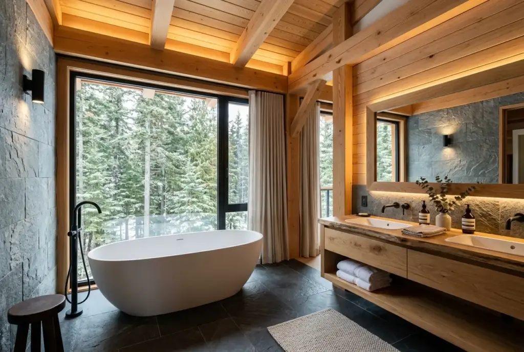 Mountain spa bathroom in a chalet home featuring a soaking tub and forest-view picture windows