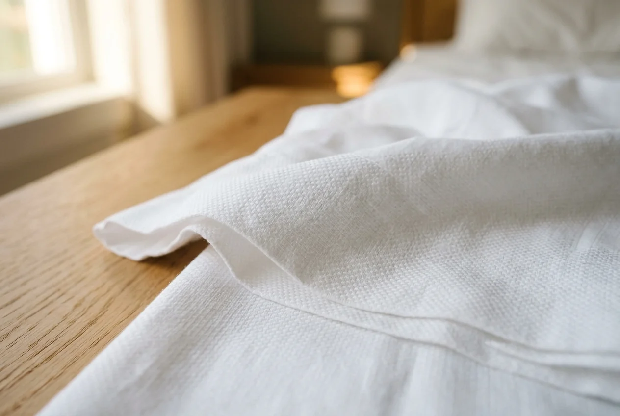 Macro photograph of crisp white single-ply cotton percale bedding showing fine, open grid weave