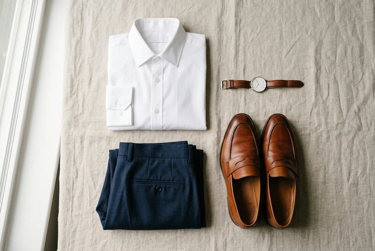 Flat-lay photograph of a 4-piece daily uniform capsule: white button-down, navy trousers, leather loafers, and analog watch