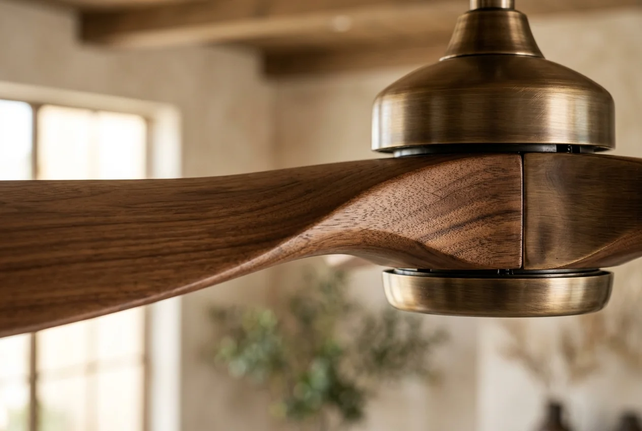 Close-up macro of sculpted walnut ceiling fan blade and brushed bronze motor housing