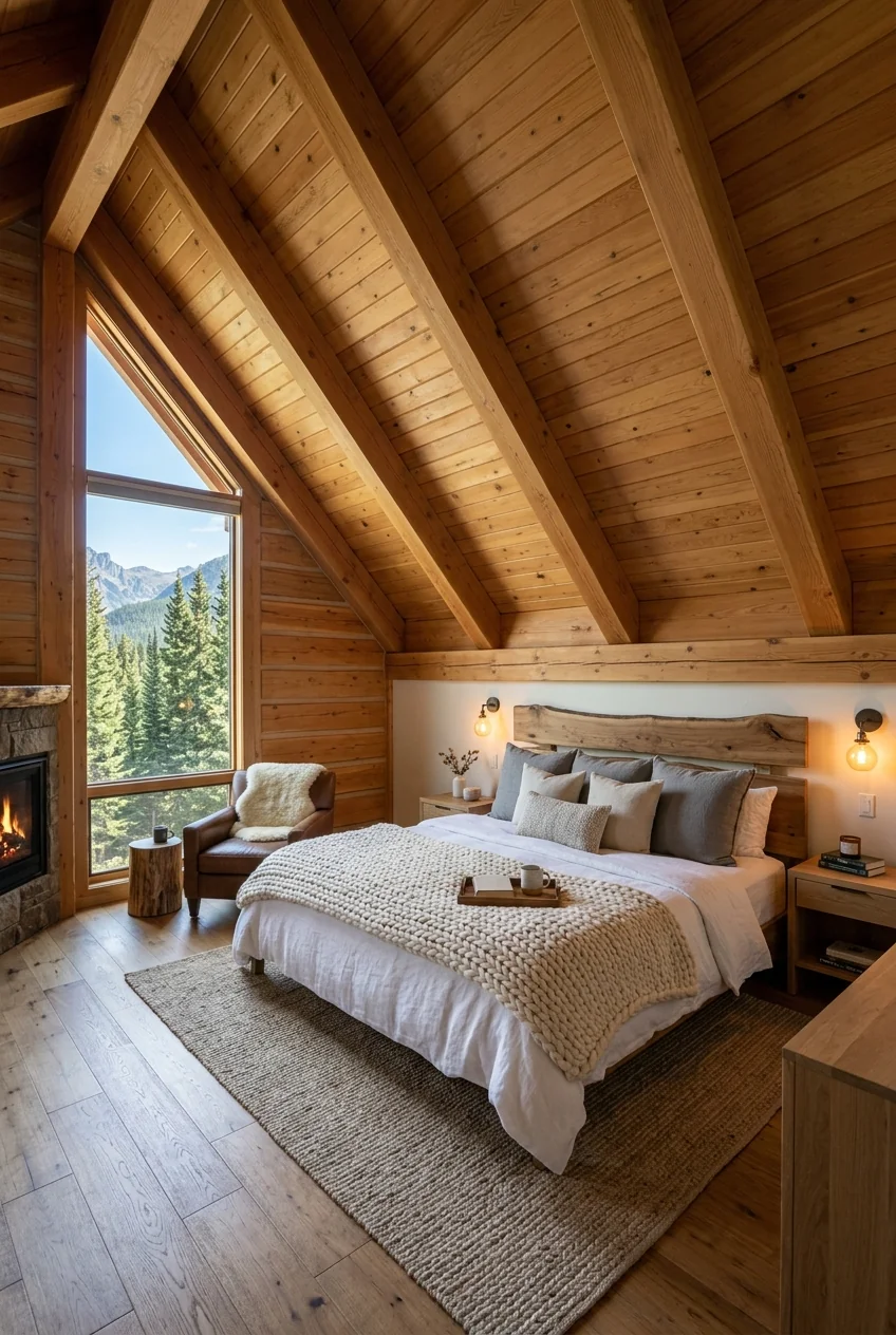 Cozy chalet bedroom retreat with sloped timber ceiling and mountain-view picture window