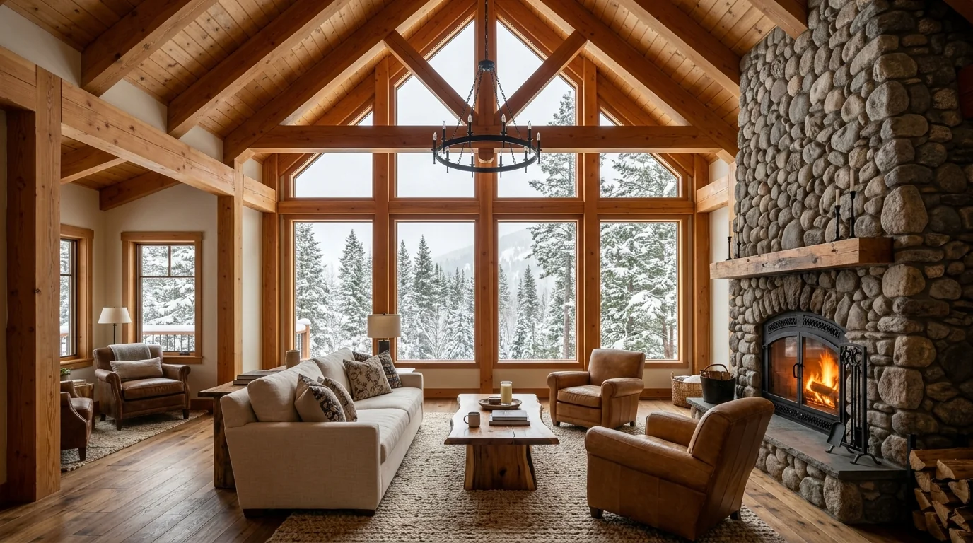 Soaring living room in an American chalet home with cathedral timber ceilings and a floor-to-ceiling stone fireplace