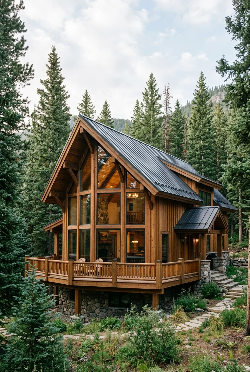 Vertical exterior view of a prow-front American chalet home with cedar siding and two-story window wall