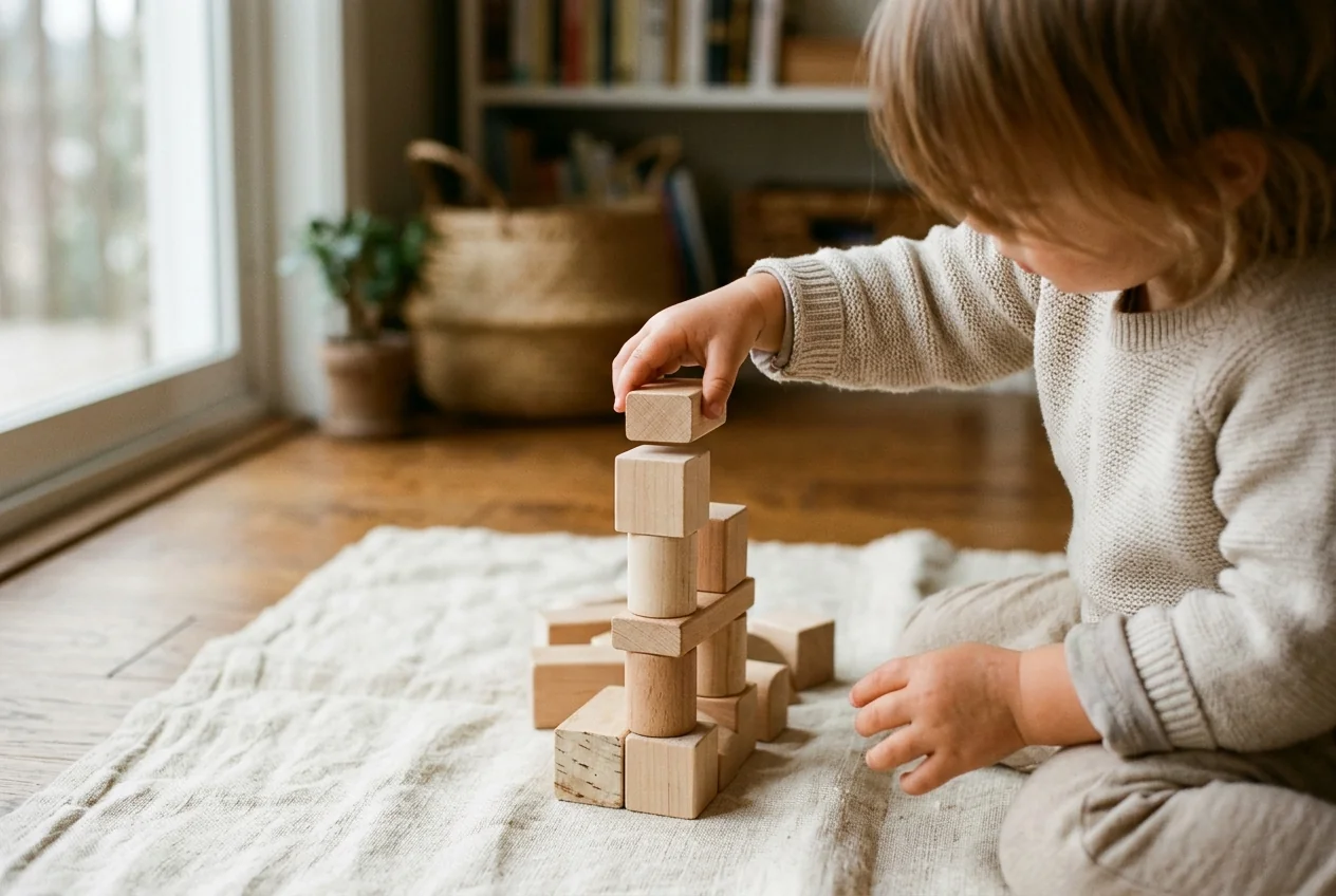 Young child in cozy sweater mindfully balancing unpainted wooden block on building tower