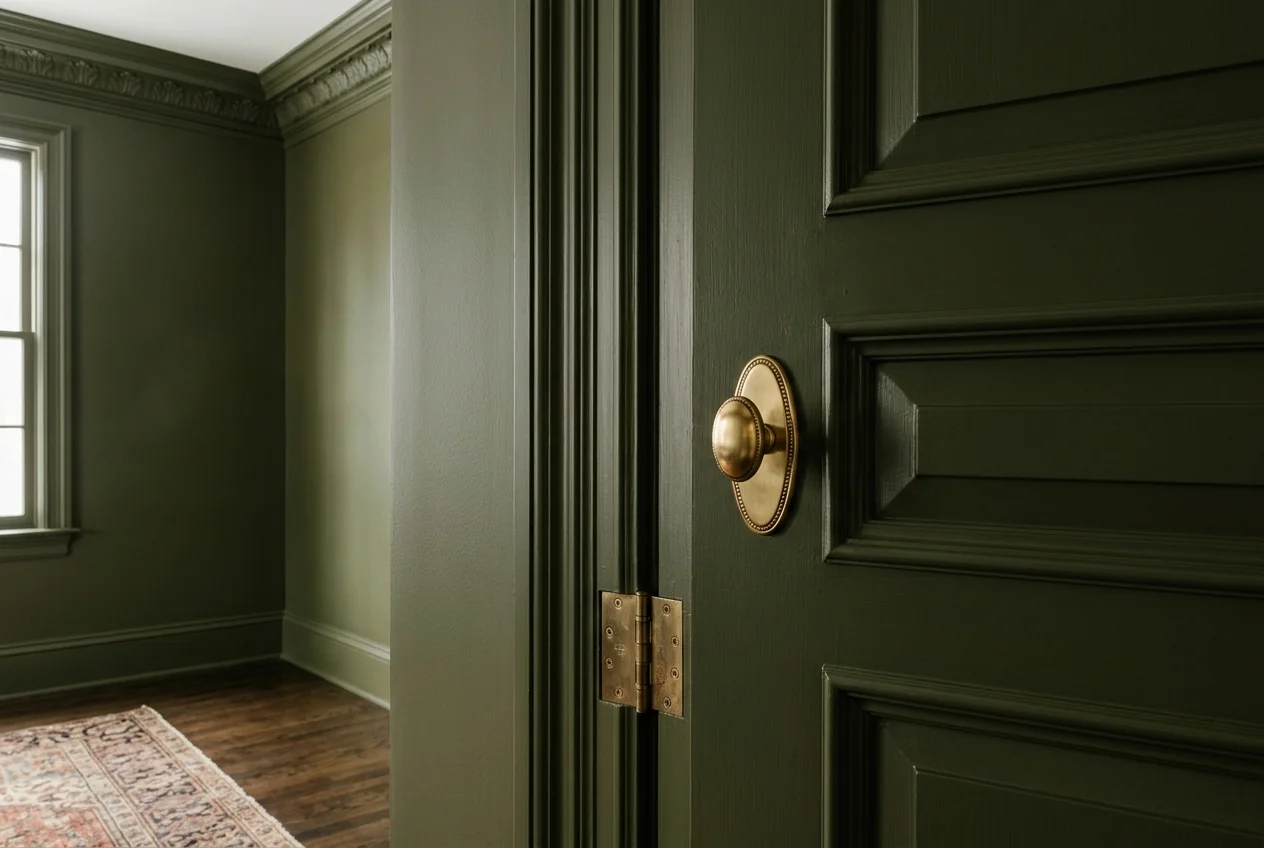 Architectural interior detail of woodwork trim meeting wall in harmonic color ratio