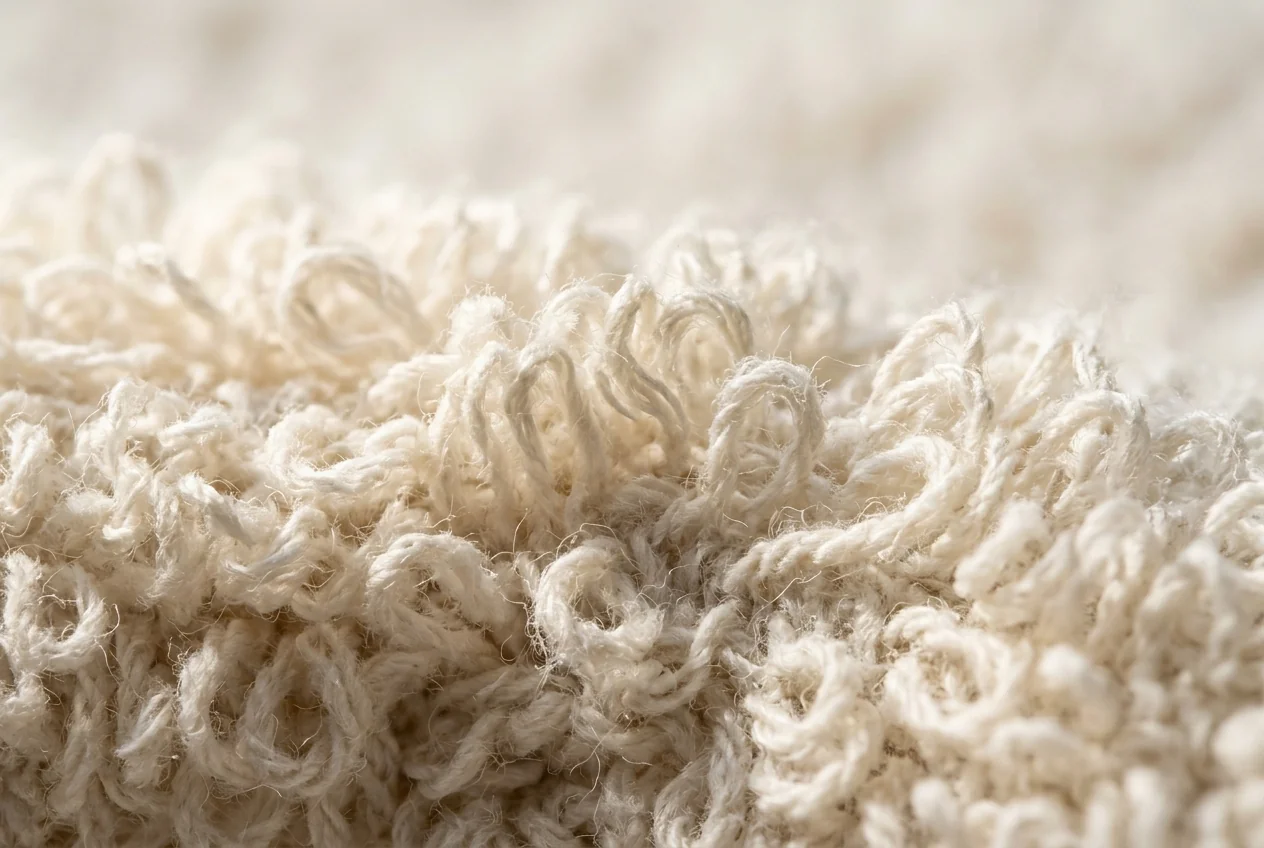 Macro close-up of open, uncoated organic cotton terrycloth loops highlighting natural capillary channels free of waxy buildup