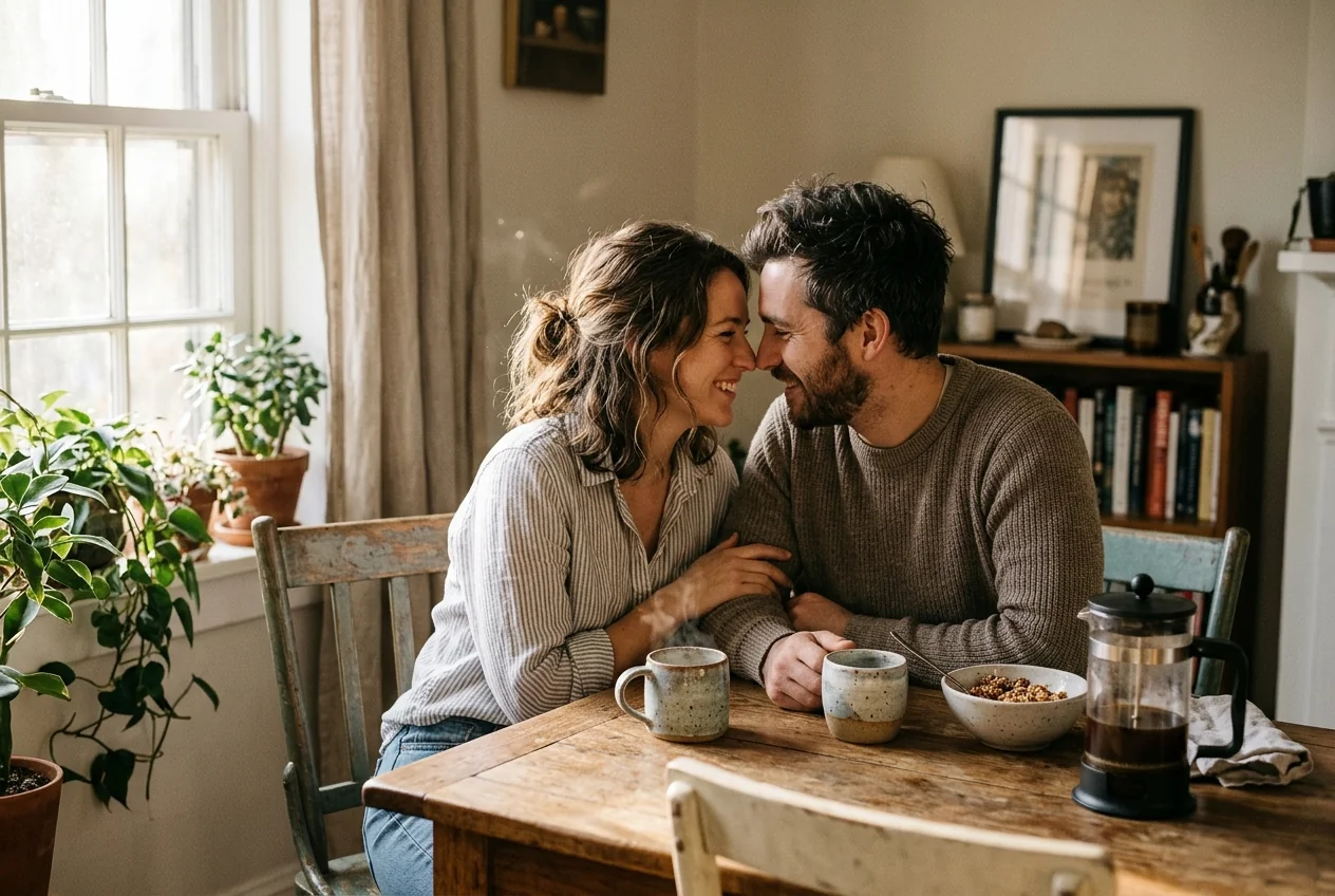 The Emotional 'Bids' Formula: How Everyday Micro-Moments Predict Long-Term Relationship Longevity (The 5:1 Gottman Ratio) Two partners smiling affectionately and leaning in close together over coffee mugs at wooden table
