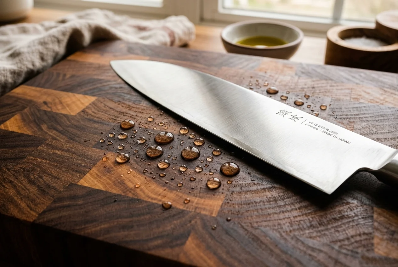 Sharp chef's knife blade resting on oiled walnut cutting board with water droplets beading tightly
