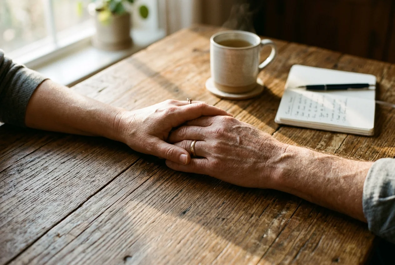 Two partners' hands resting supportively together on rustic wood table next to open notebook and cup of tea
