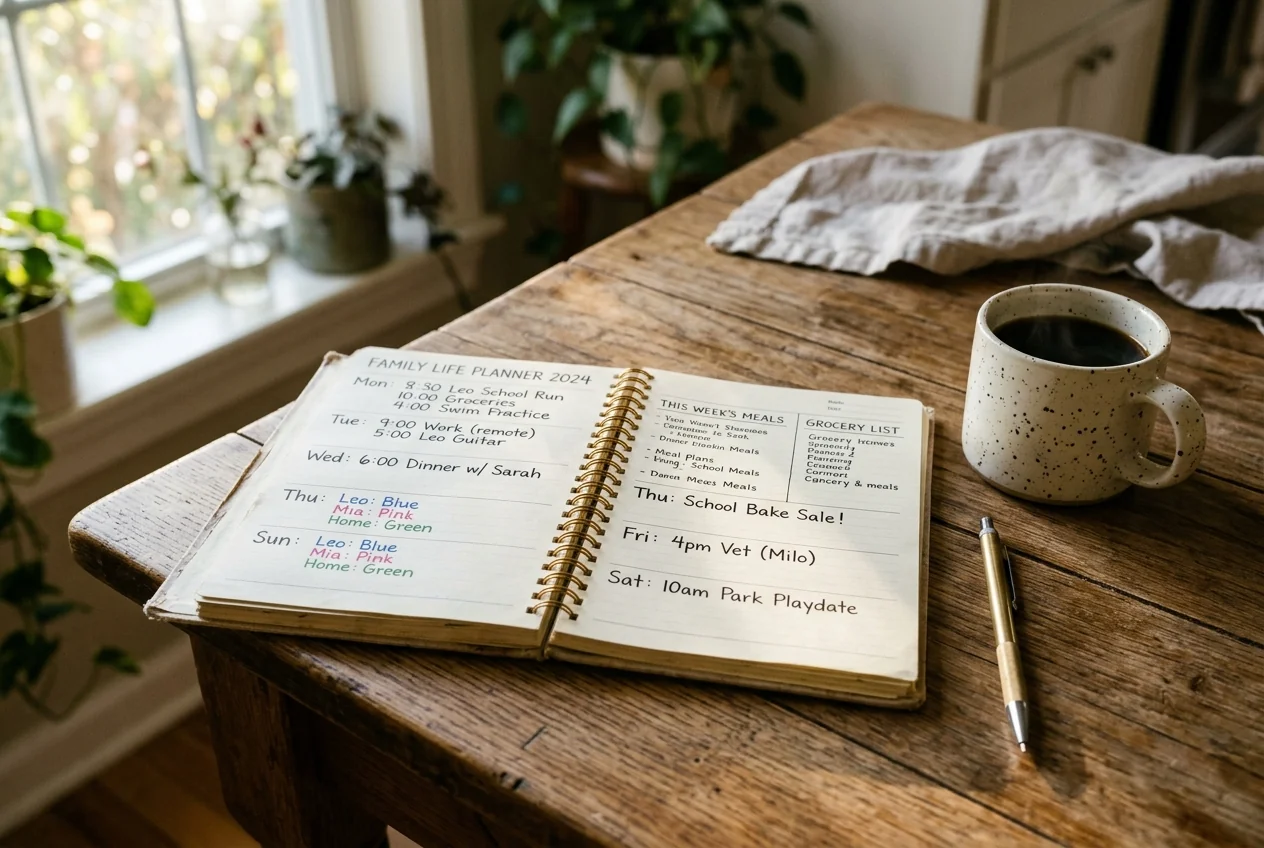 Close-up documentary photo of open family organizer notebook showing weekly meal plans and schedule coordination in morning sunlight