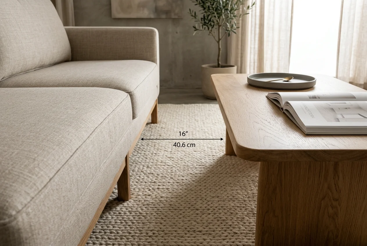 Close-up architectural vignette showing 16-inch functional walking and reach clearance between sofa and coffee table