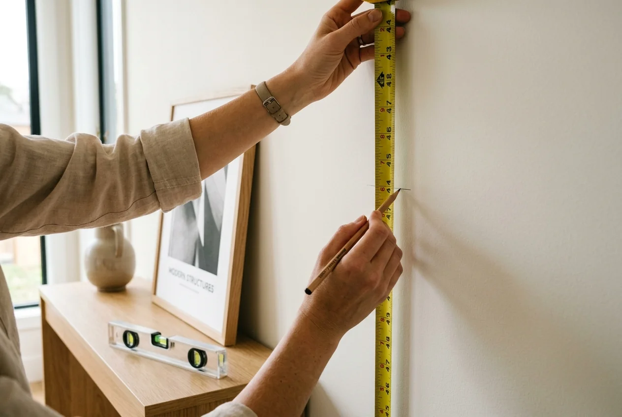 Hand holding yellow tape measure against wall marking exact 57-inch eye-level height for hanging artwork