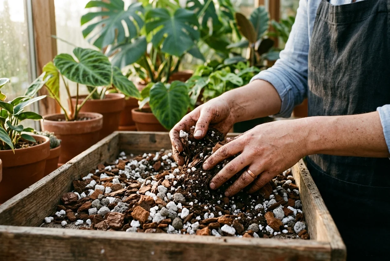 Gardener hands mixing chunky, well-aerated potting mix with orchid bark and coarse perlite
