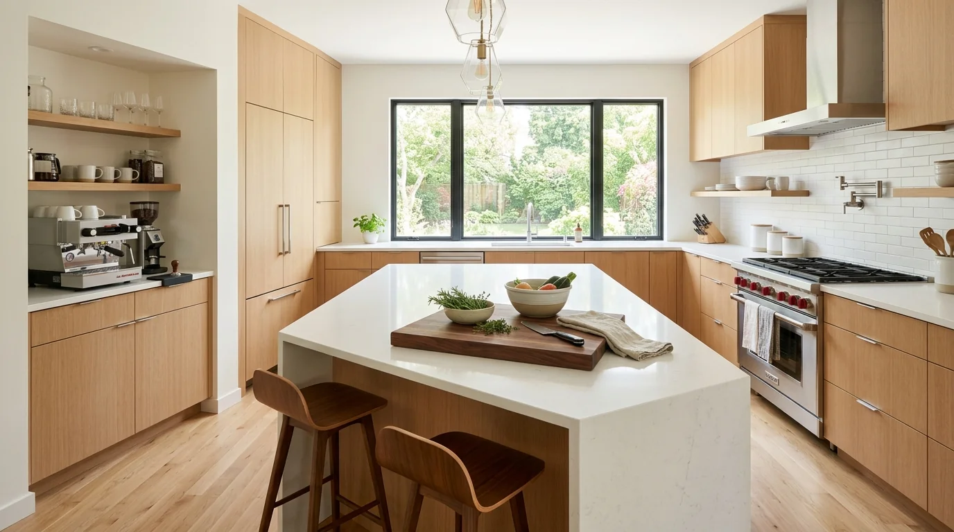 The Kitchen Work Triangle Is a 1940s Myth: Here's What Actually Works Modern family kitchen with 5-zone ergonomic layout featuring a waterfall island prep station and white oak cabinetry