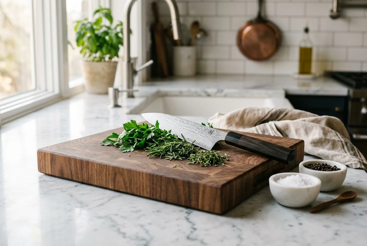 Close-up of kitchen prep station with butcher block cutting board and seasoning oils