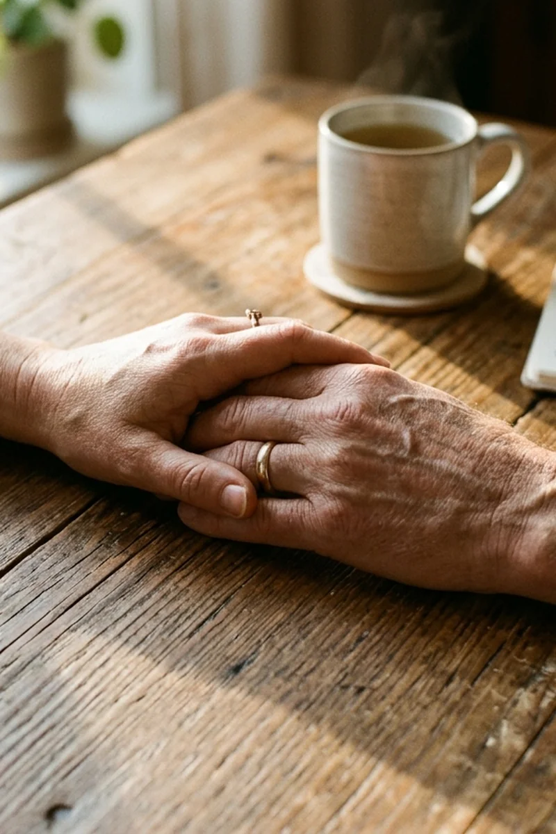 Close-up of two hands reaching and clasping gently across a wooden table in mutual attunement and repair