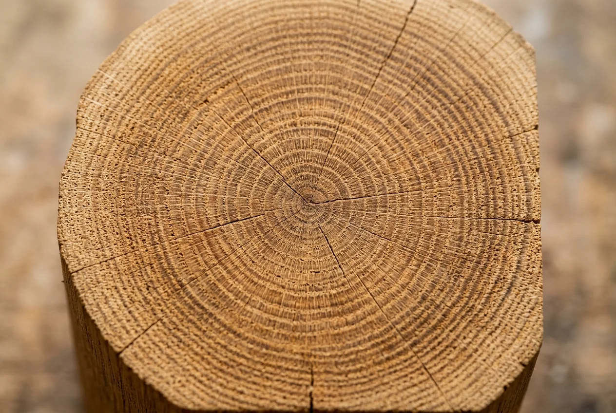 Macro photograph of natural solid end-grain oak wood highlighting concentric growth rings and pores