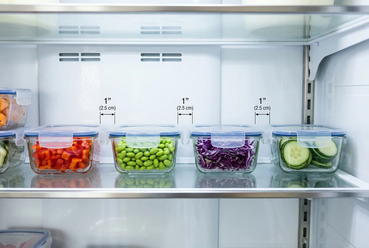 Close-up of glass meal-prep containers on refrigerator shelf showing 1-inch airflow channels