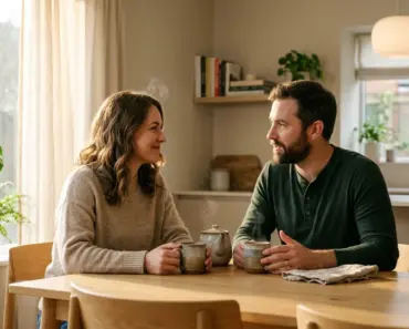 Two partners having a calm, heartfelt morning conversation over tea at an oak dining table in a soft-lit modern kitchen