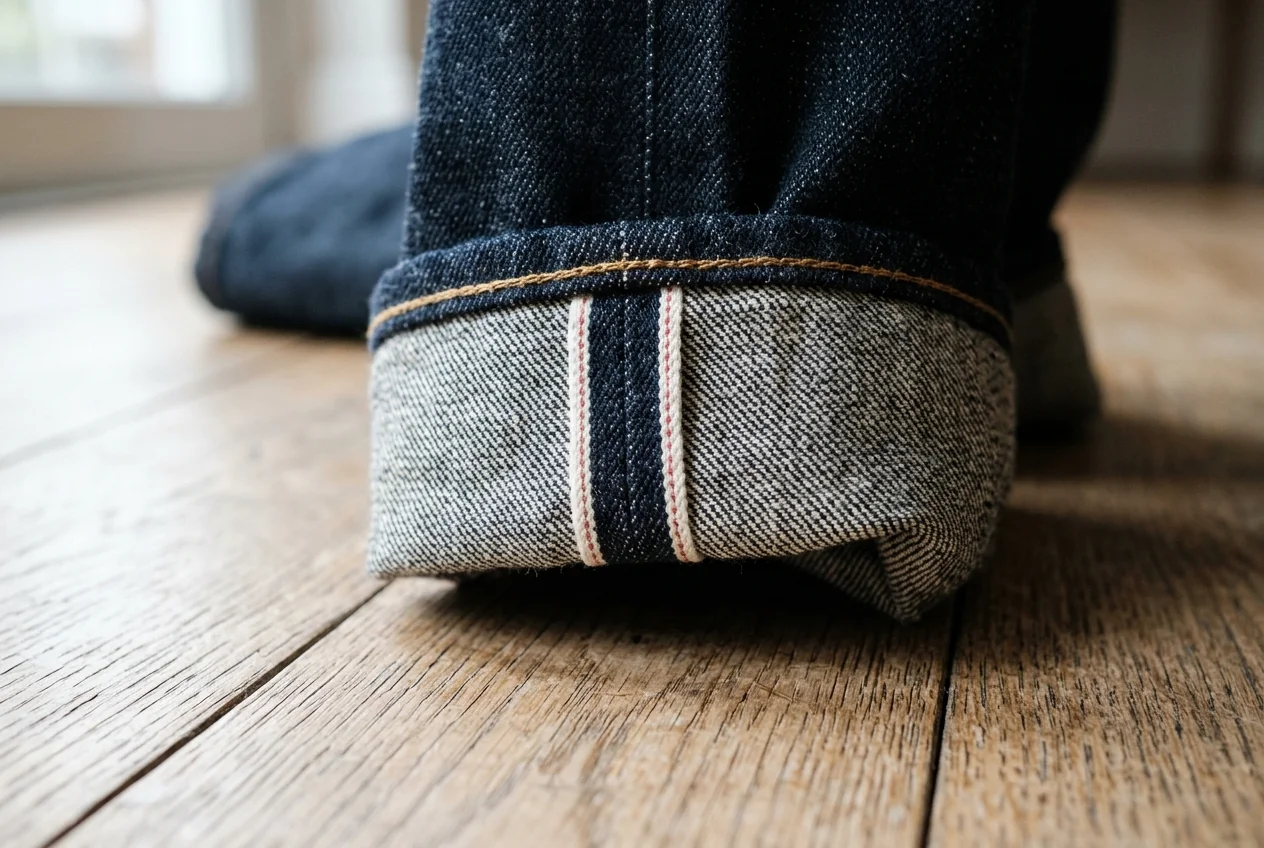 Macro photograph of heavy raw indigo denim cuff showing red-line selvage ID and diagonal twill weave