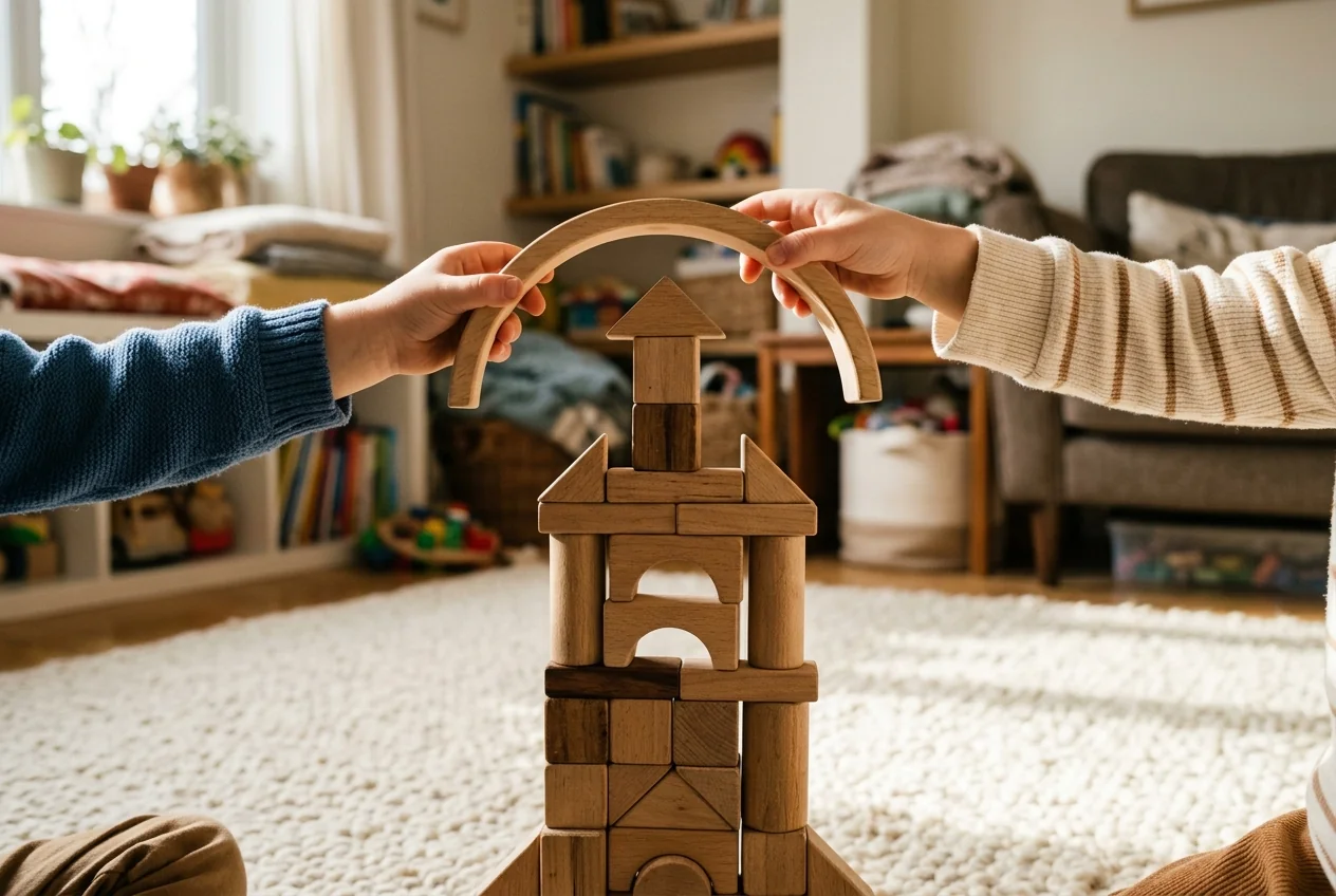 Children's hands collaborating and carefully balancing wooden building blocks together