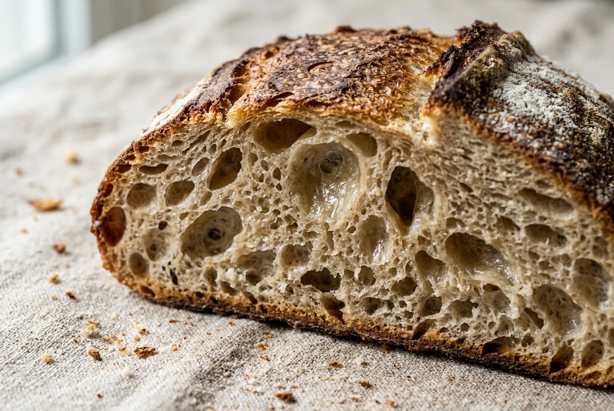 Macro cross section of fresh-cut artisan sourdough bread showing open custardy alveoli crumb texture and blistered crust