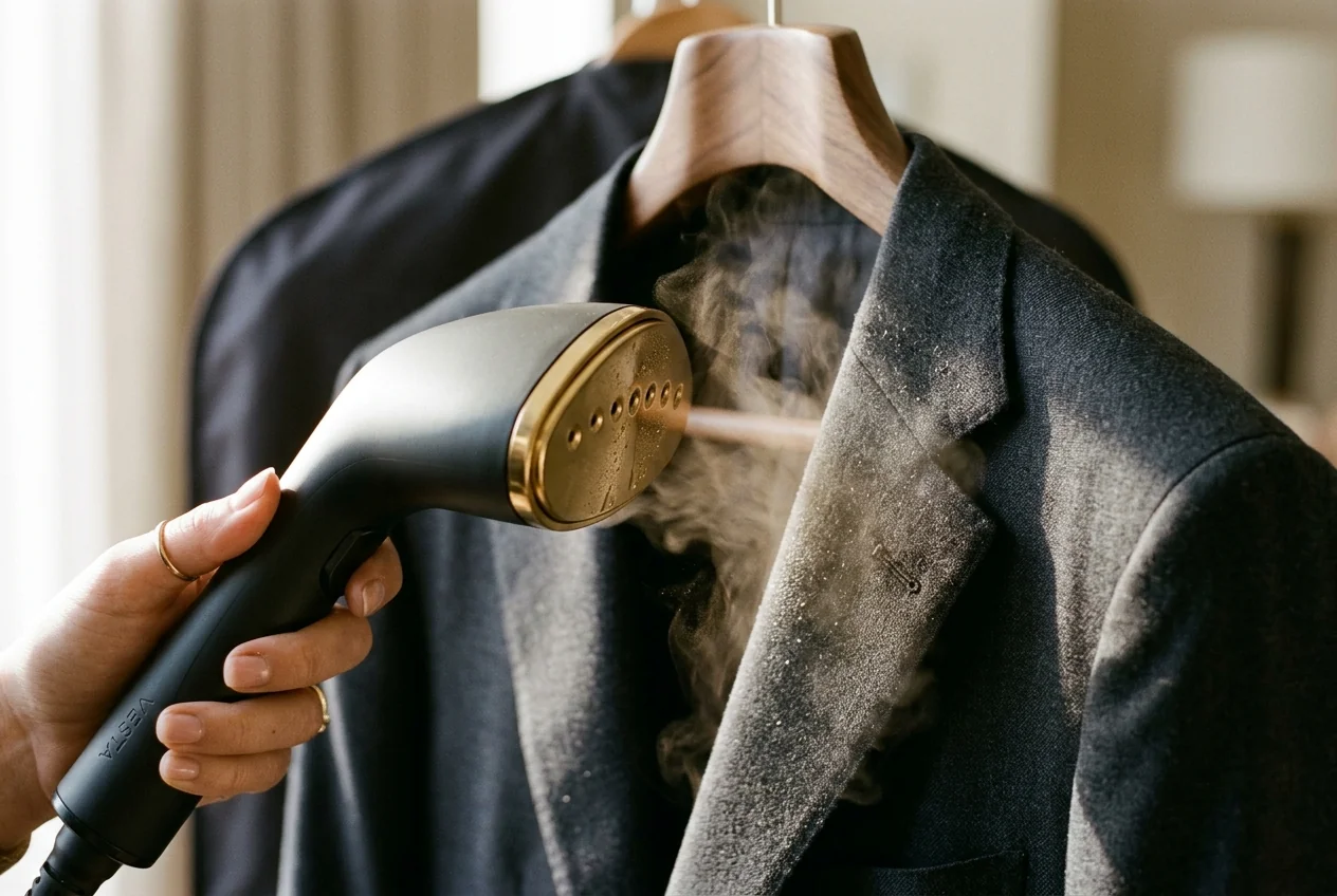 Handheld garment steamer with brass plate releasing fine steam onto lapel of charcoal wool jacket on wooden hanger