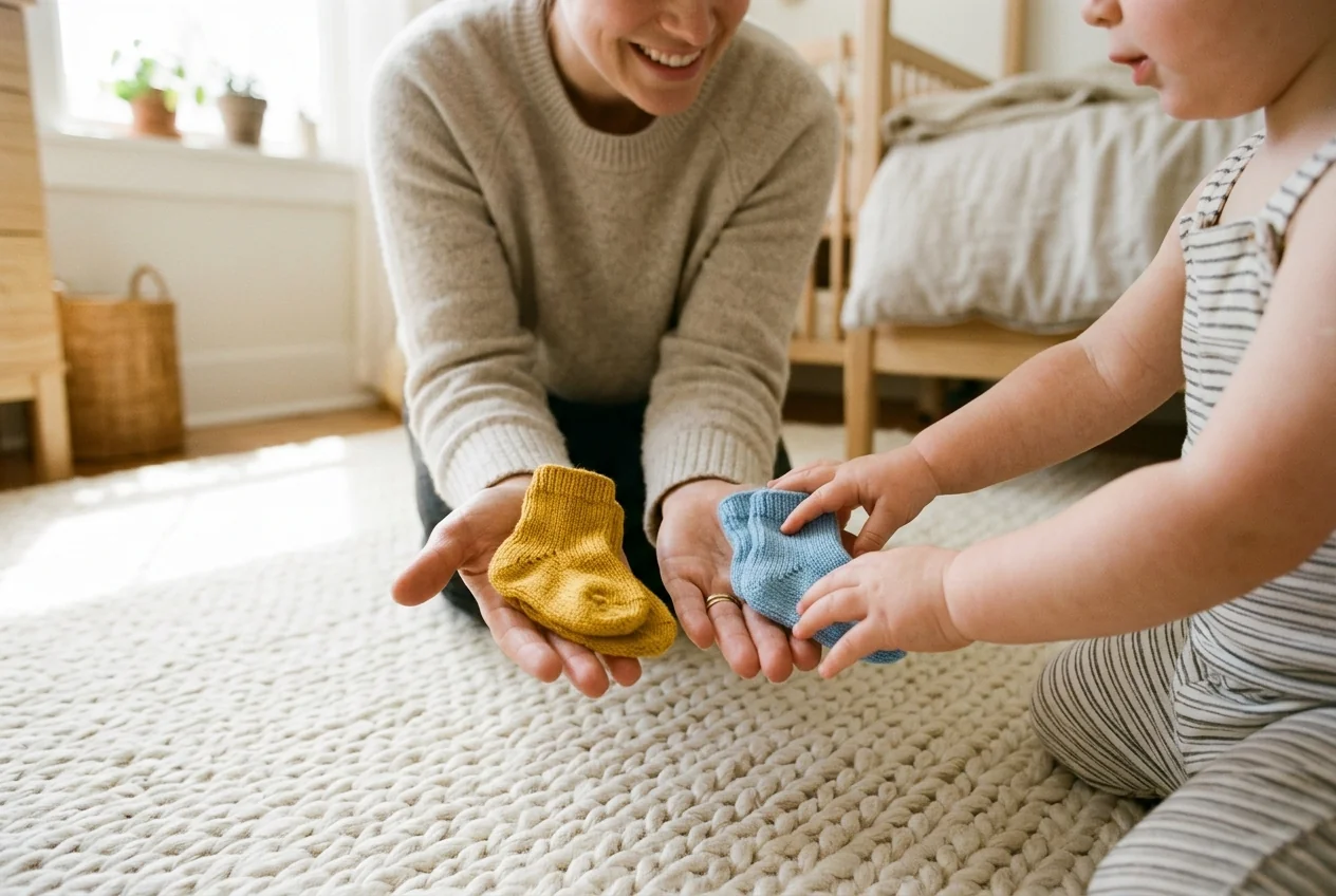 Mother gently offering two pairs of socks to young toddler on woven wool rug