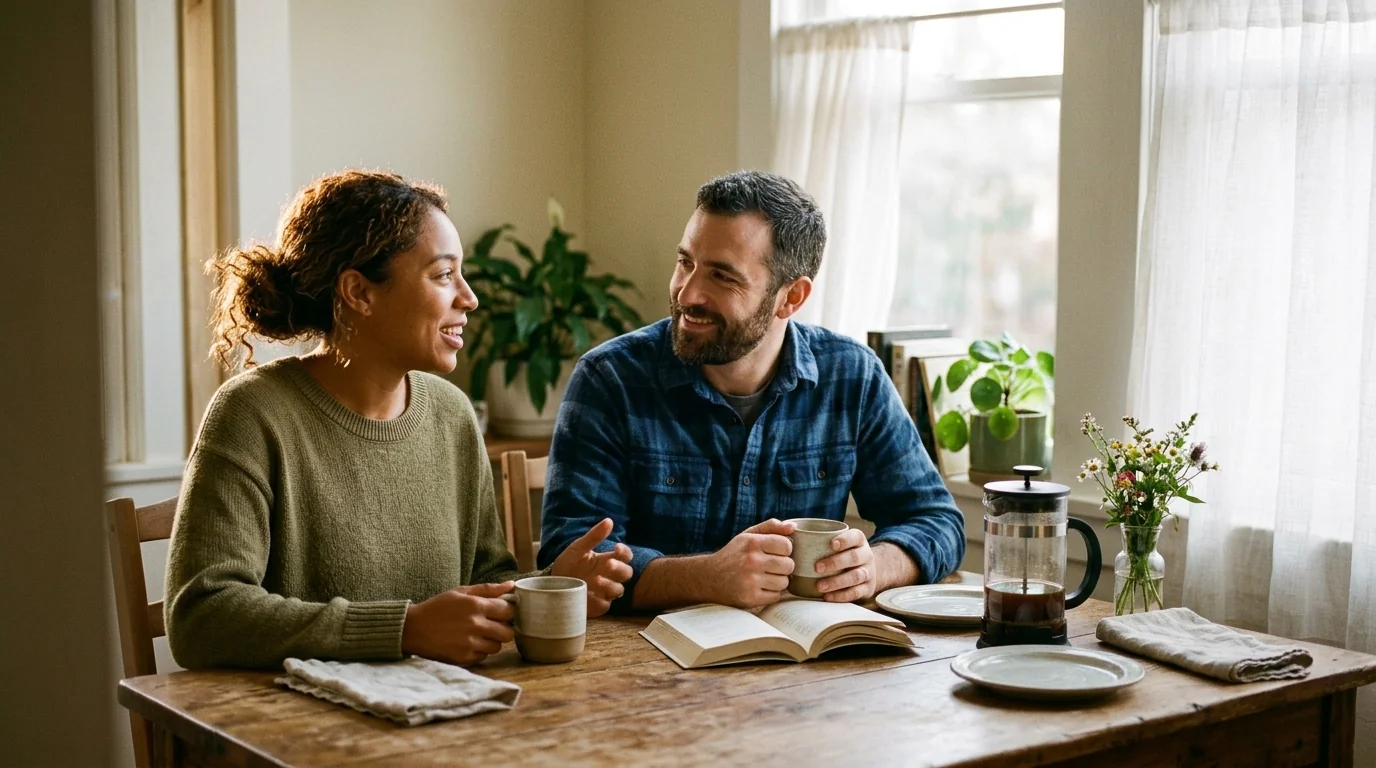 The Emotional 'Bids' Formula: How Everyday Micro-Moments Predict Long-Term Relationship Longevity (The 5:1 Gottman Ratio) Two partners in sunlit breakfast nook, one looking up from a book to make warm smiling eye contact with the other