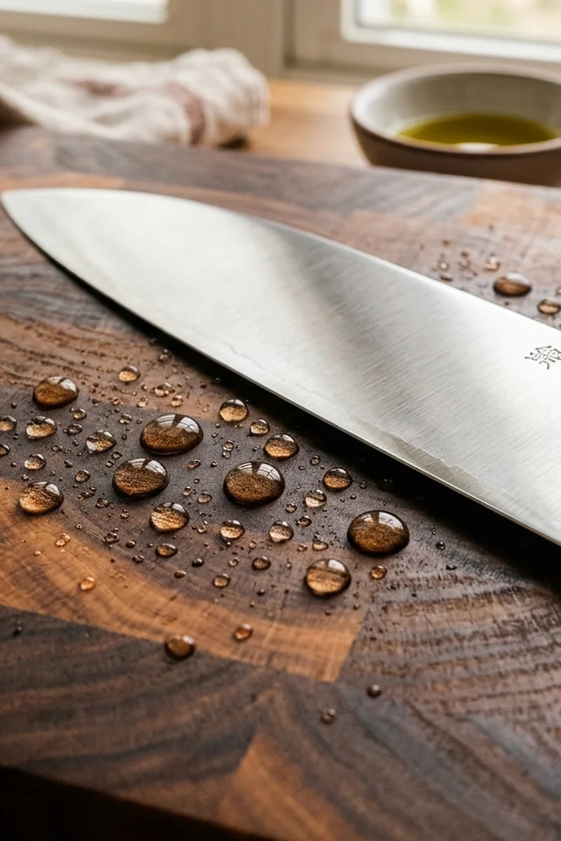 Golden droplet of polyphenol-rich extra virgin olive oil shimmering on cutting board surface