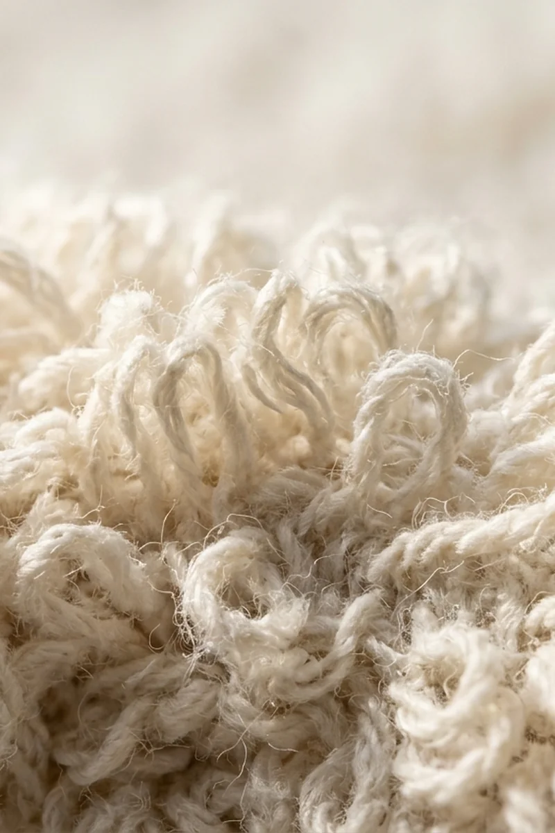 Macro view of raw hydrophilic cotton terry loops free of wax and softener buildup