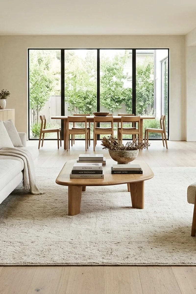 Close architectural view of sofa front legs anchored securely onto a thick textured wool area rug