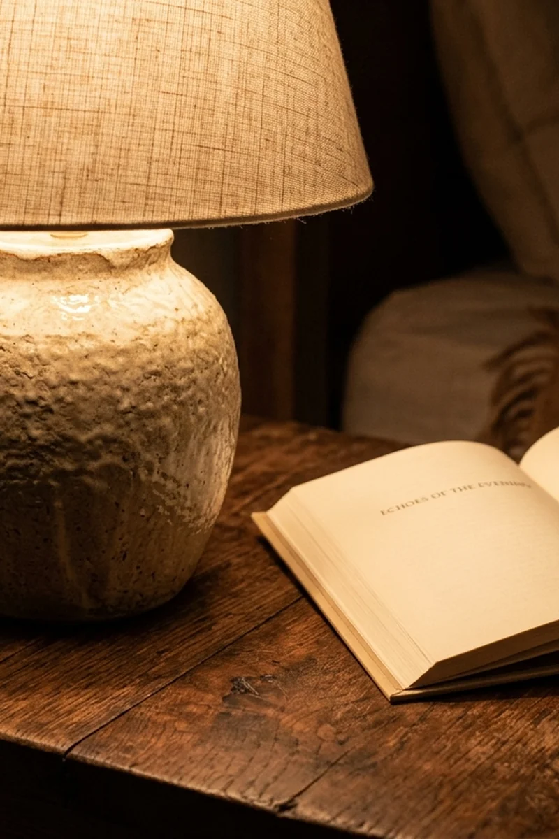 The Overhead 'Big Light' Fatigue: Why Center Ceiling Fixtures Trigger Evening Hyperarousal (and the 3-Tier Low-Kelvin Lamp Layering Strategy) Macro detail of warm linen lamp shade diffusing 2400K ambient illumination at eye level