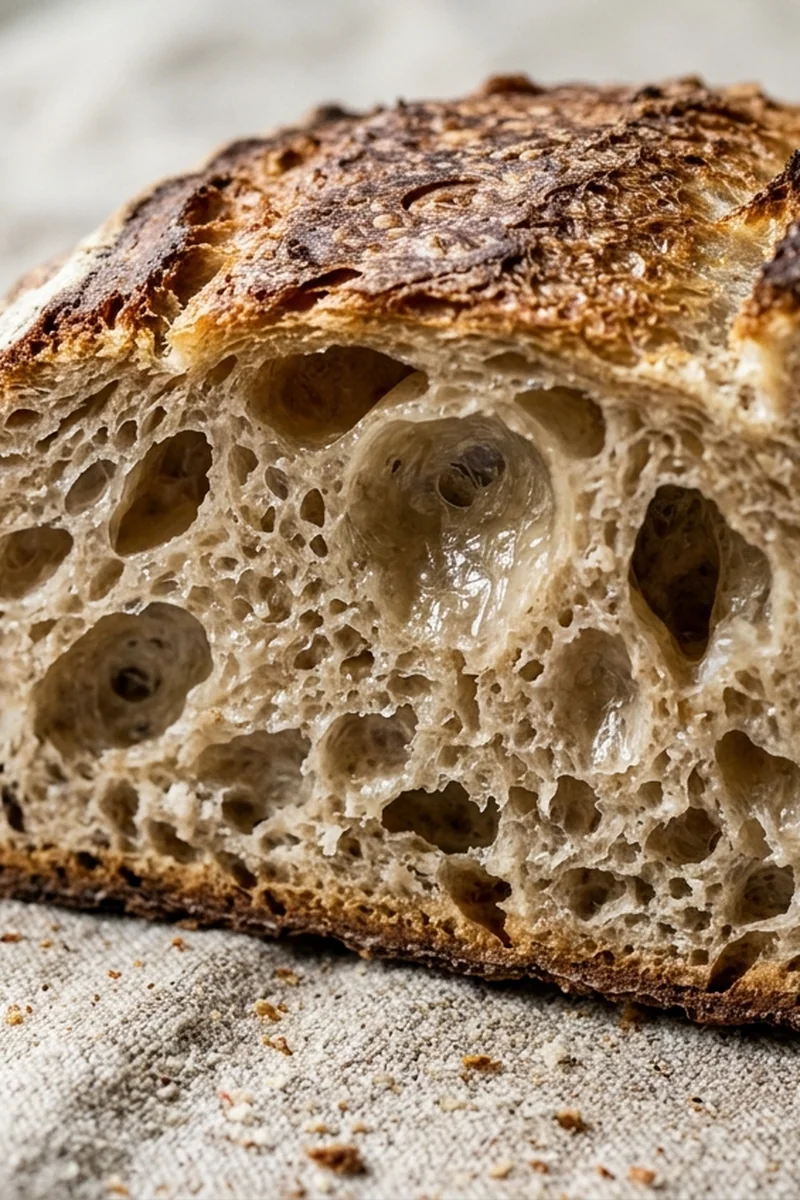 Macro detail of open artisan sourdough crumb structure with glossy aerated alveoli